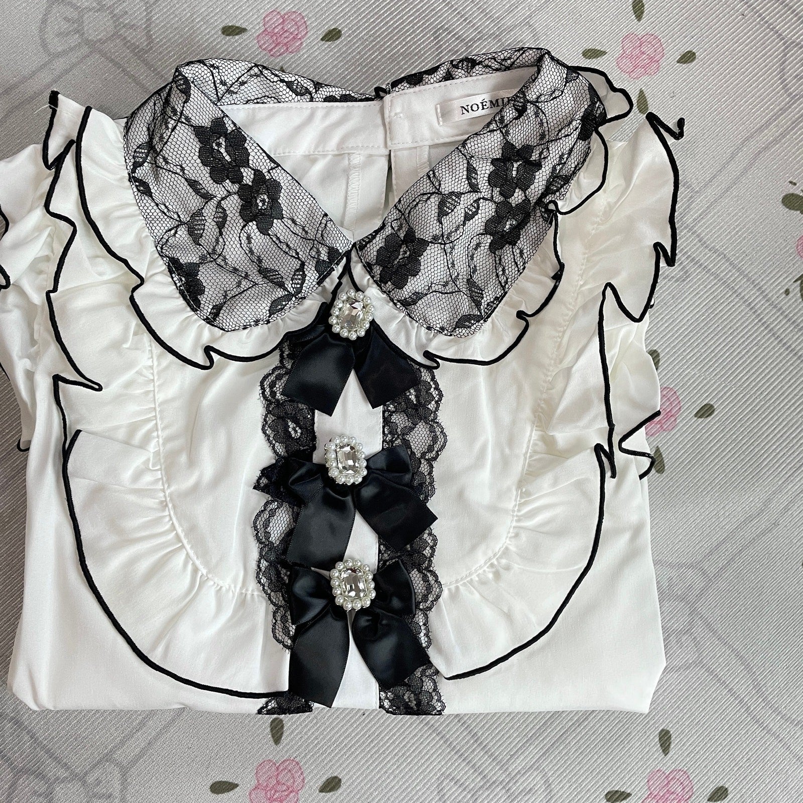 Noemie White Black Lace Jeweled Bow Blouse Ryousangata Jirai Kei Top5