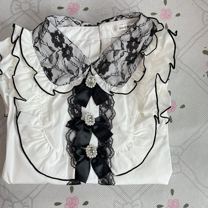Noemie White Black Lace Jeweled Bow Blouse Ryousangata Jirai Kei Top5