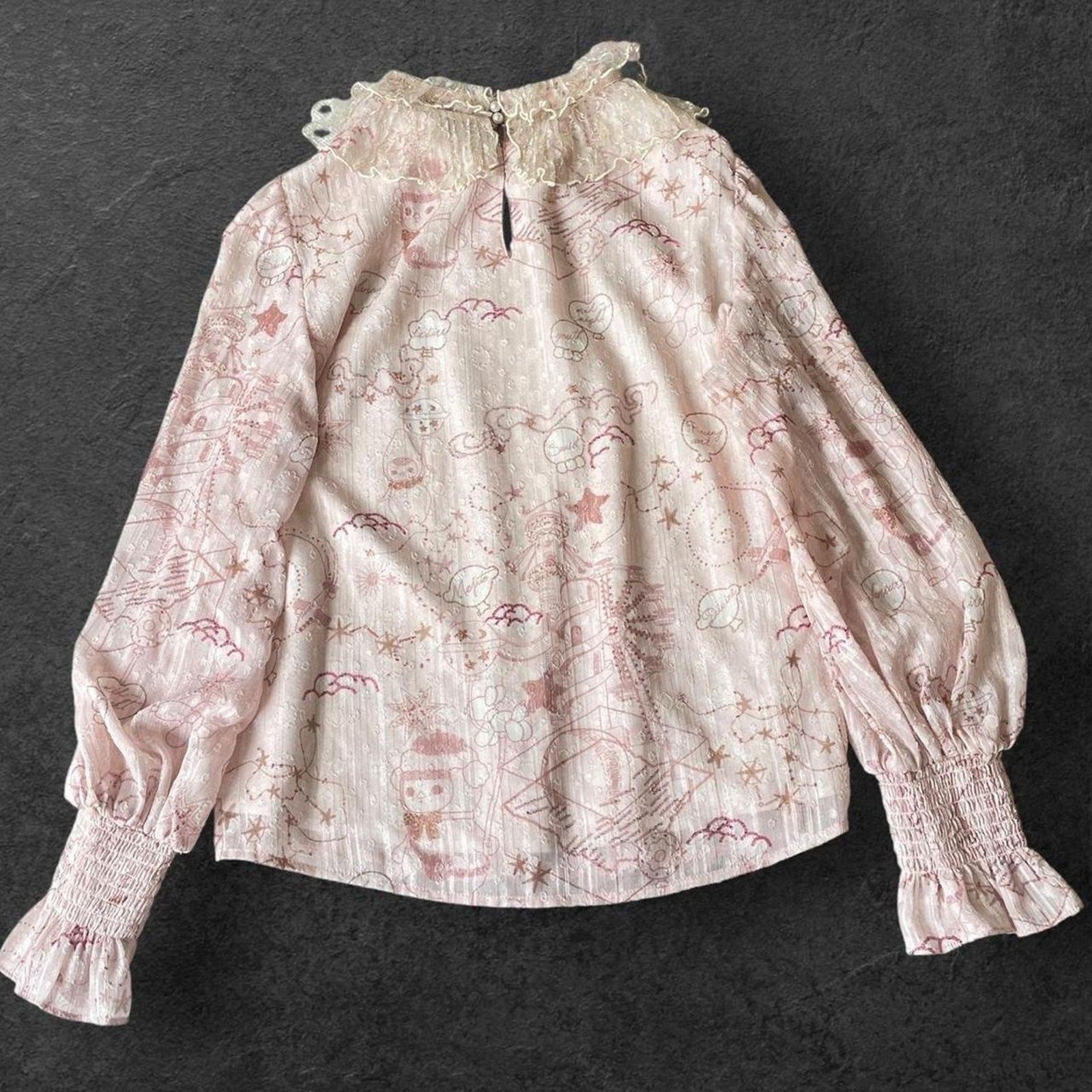 Pop Mart collab chiffon blouse with pastel fantasy print & lace collar1