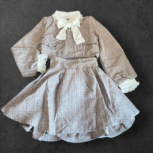 Noemie Pink Tweed Two-Piece Set Bow Skort Kawaii Jirai Kei0