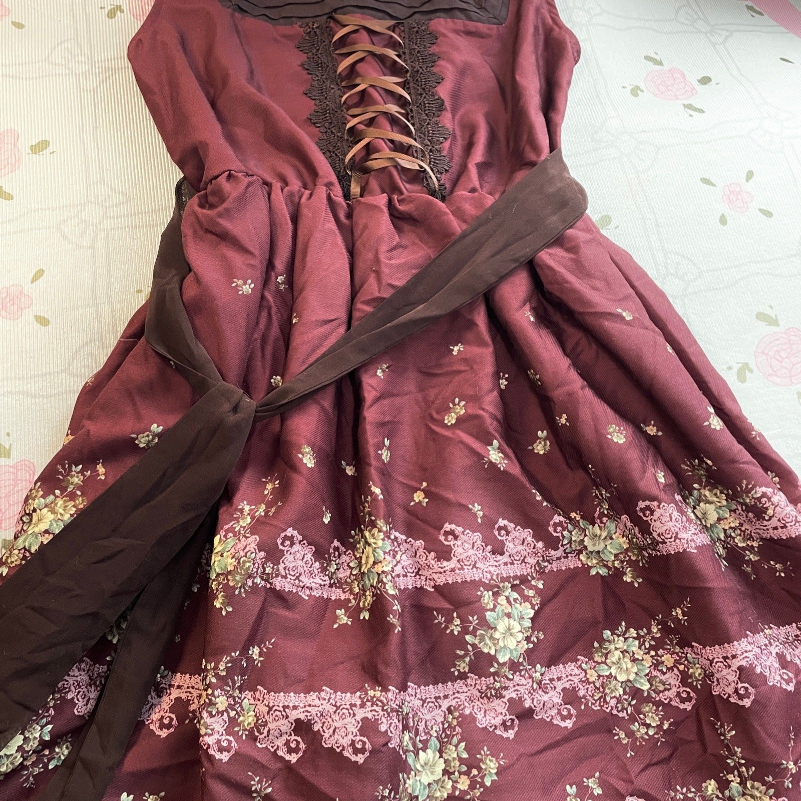 Axes Femme Burgundy Floral Corset Dress Lace Up Retro5