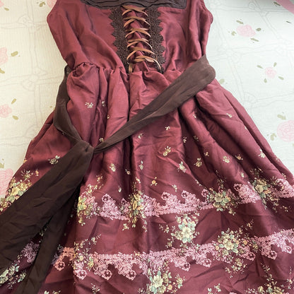 Axes Femme Burgundy Floral Corset Dress Lace Up Retro5