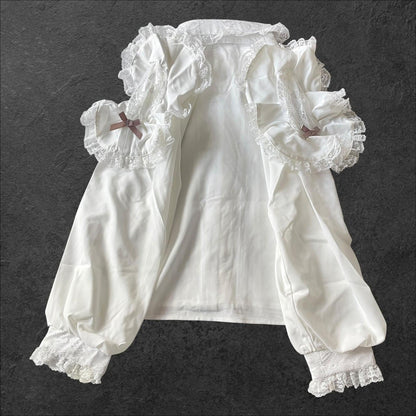 Noemie cold-shoulder frill blouse with bow – white lace girly top1