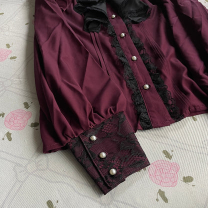 Noemie Burgundy Lace Blouse with Detachable Bow – Gothic Lolita / Elegant Kei3