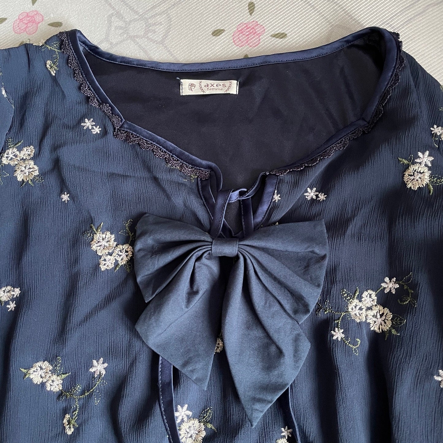 Axes Femme Navy Floral Long Sleeve Dress with Ribbon Bow5
