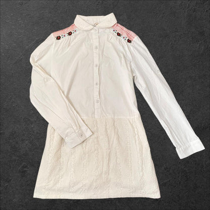 Japanese vintage cotton embroidered long blouse with lace skirt panel0