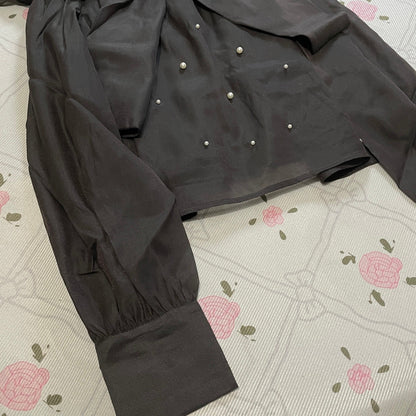 GRL black oversized bow blouse – sheer puff sleeves, pearl detail2