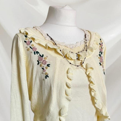 Axes Femme embroidered knit cardigan with ruffle trim rare piece4