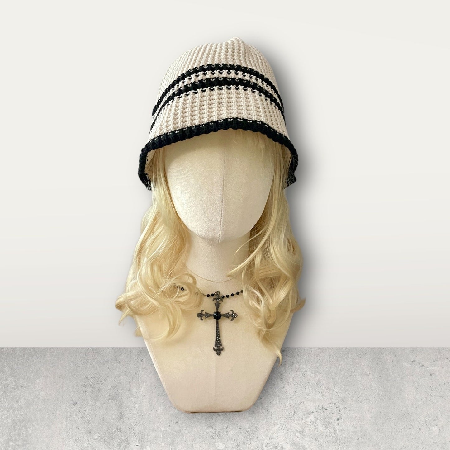 Crochet Bucket Hat – Beige & Black Striped1