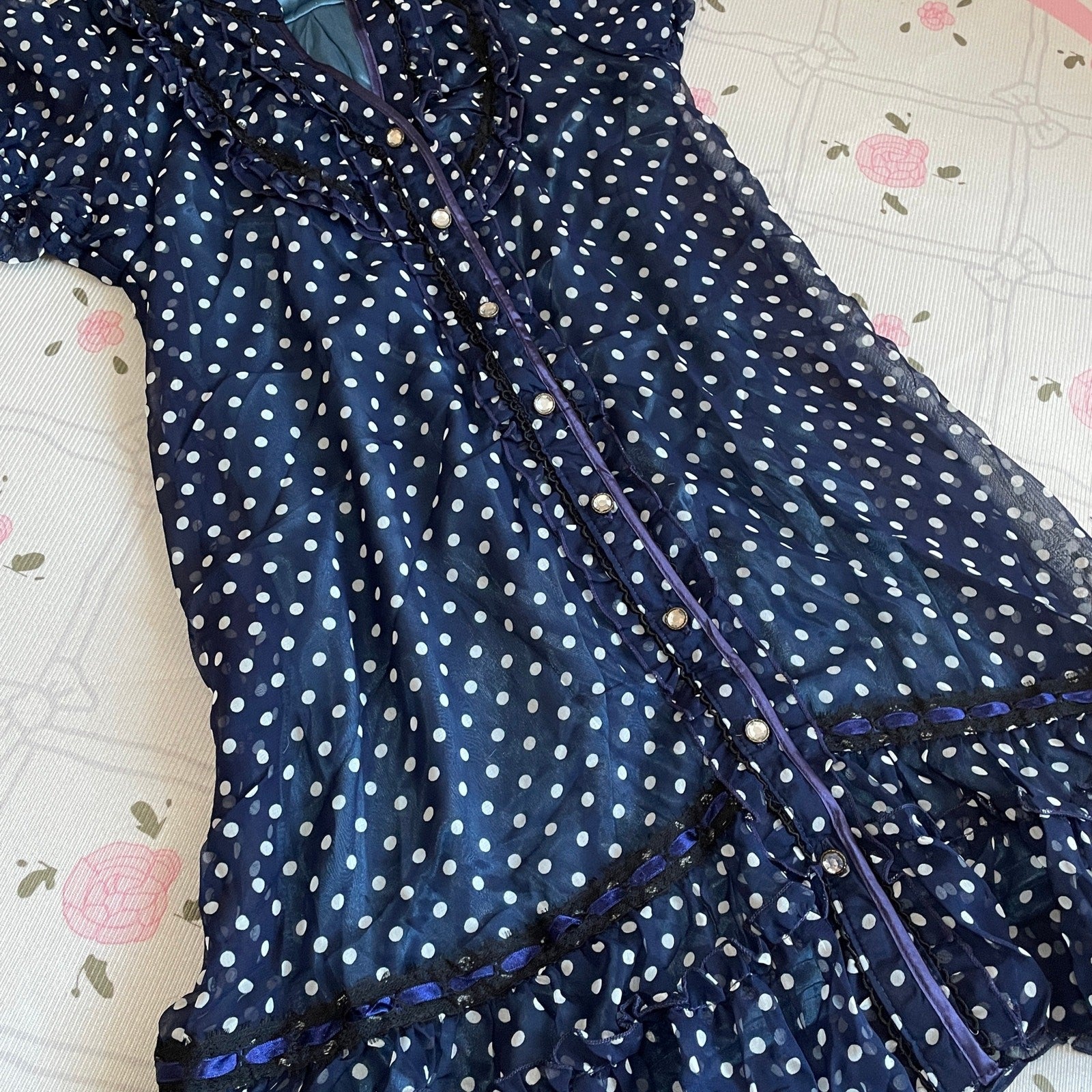 Axes Femme Navy Polka Dot Dress – Ruffle Trim, Sheer Layer, Jfashion Vintage5