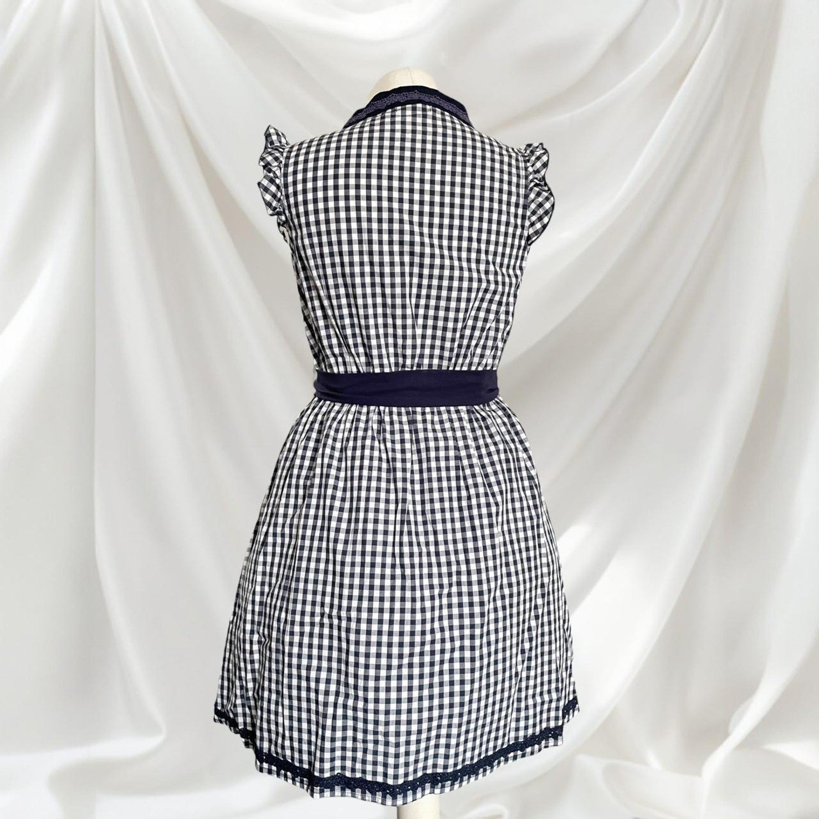 Axes Femme navy gingham check dress with ruffle trim and waist bow 2