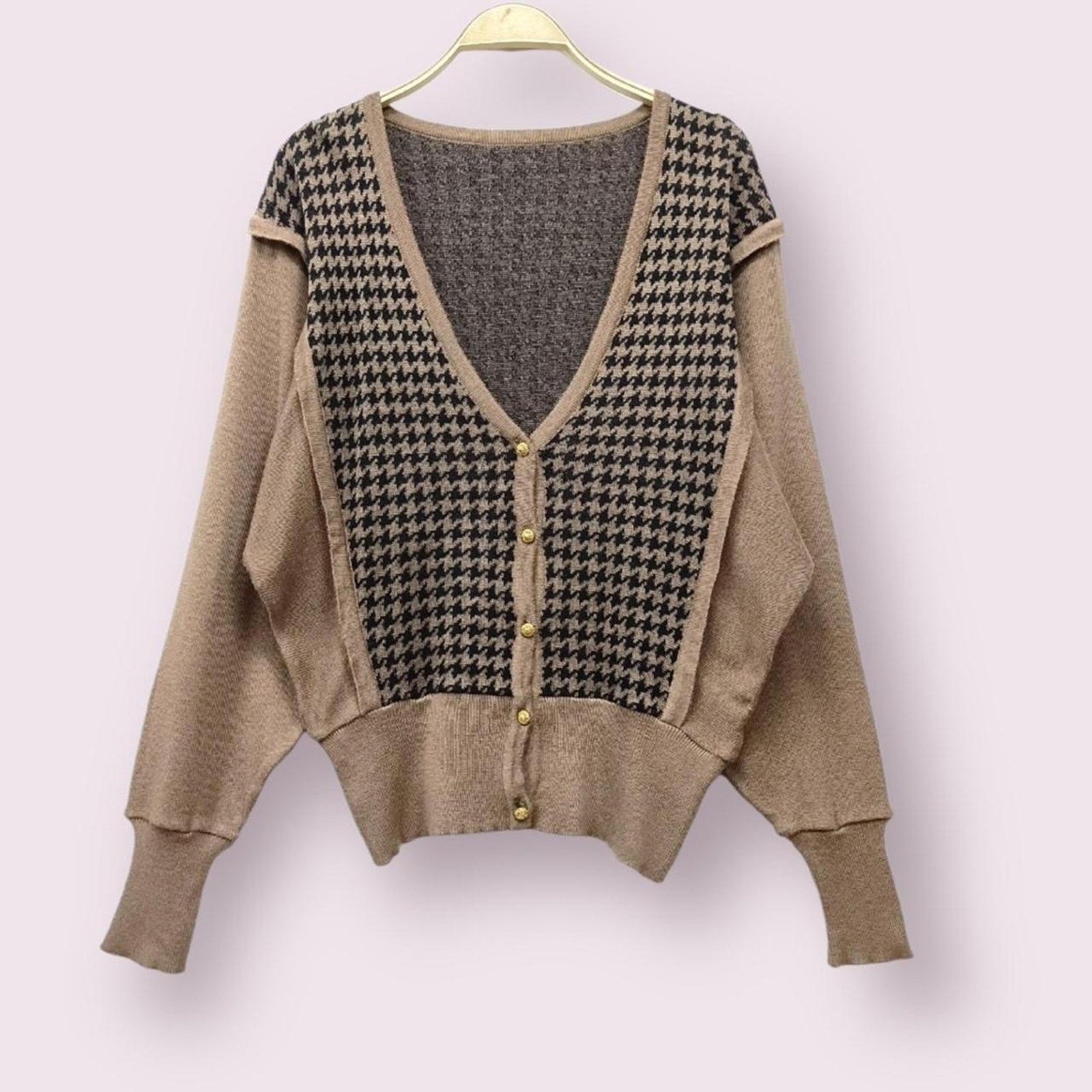 Y2K Japanese vintage houndstooth knit cardigan V-neck style0