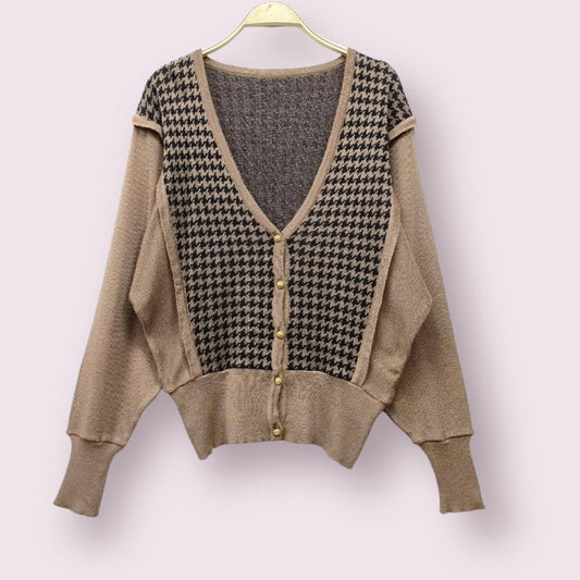 Y2K Japanese vintage houndstooth knit cardigan V-neck style0