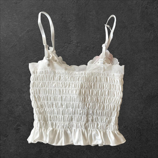 White lace cami cropped top with pearl bow and adjustable straps1