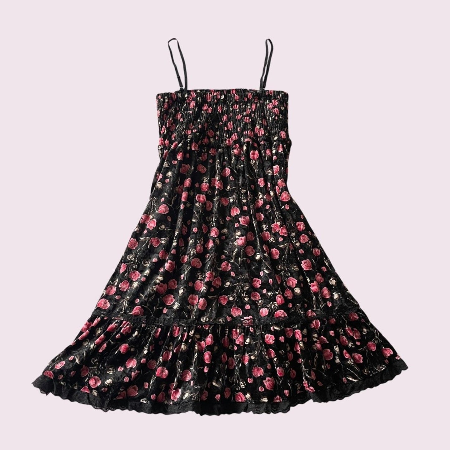 Vintage black rose print smocked cami dress with tiered skirt from japan1