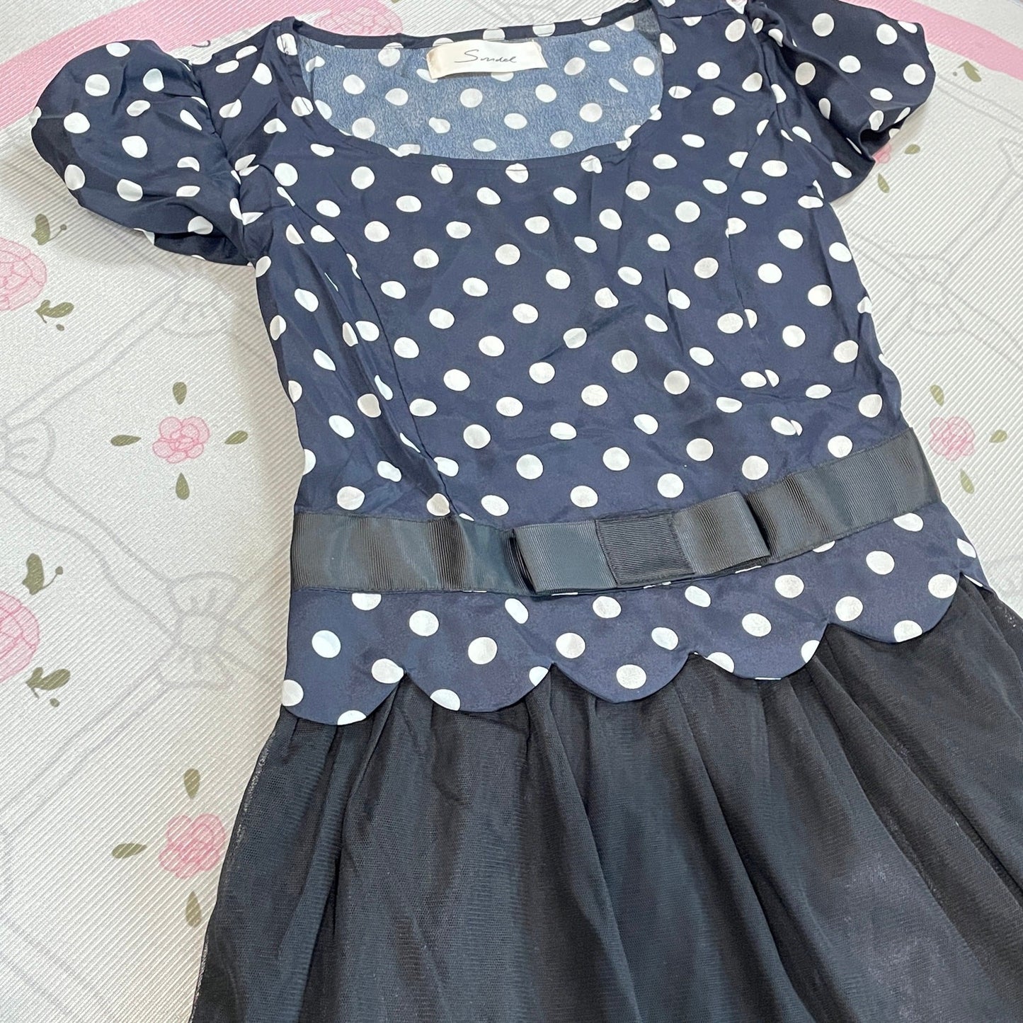 Snidel Navy Polka Dot Black Tulle Midi Dress J-Fashion Sweet Elegant5