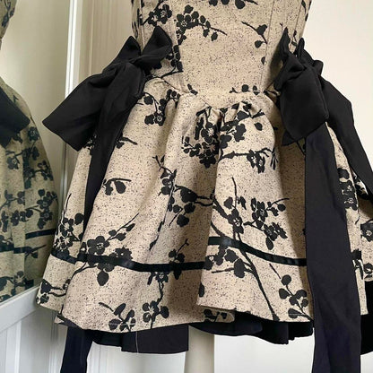 Jacquard retro floral mini dress with bows designer dress XS/S2