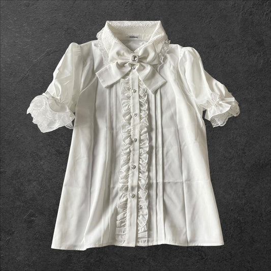 Japanese brand Noemie white lace ruffle blouse with detachable bow0