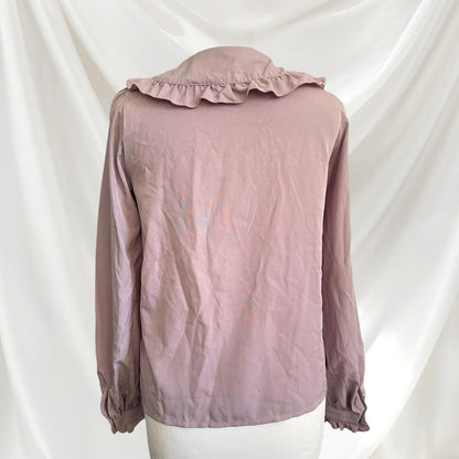 Lily Merry mauve blouse with oversized bow and ruffled collar3
