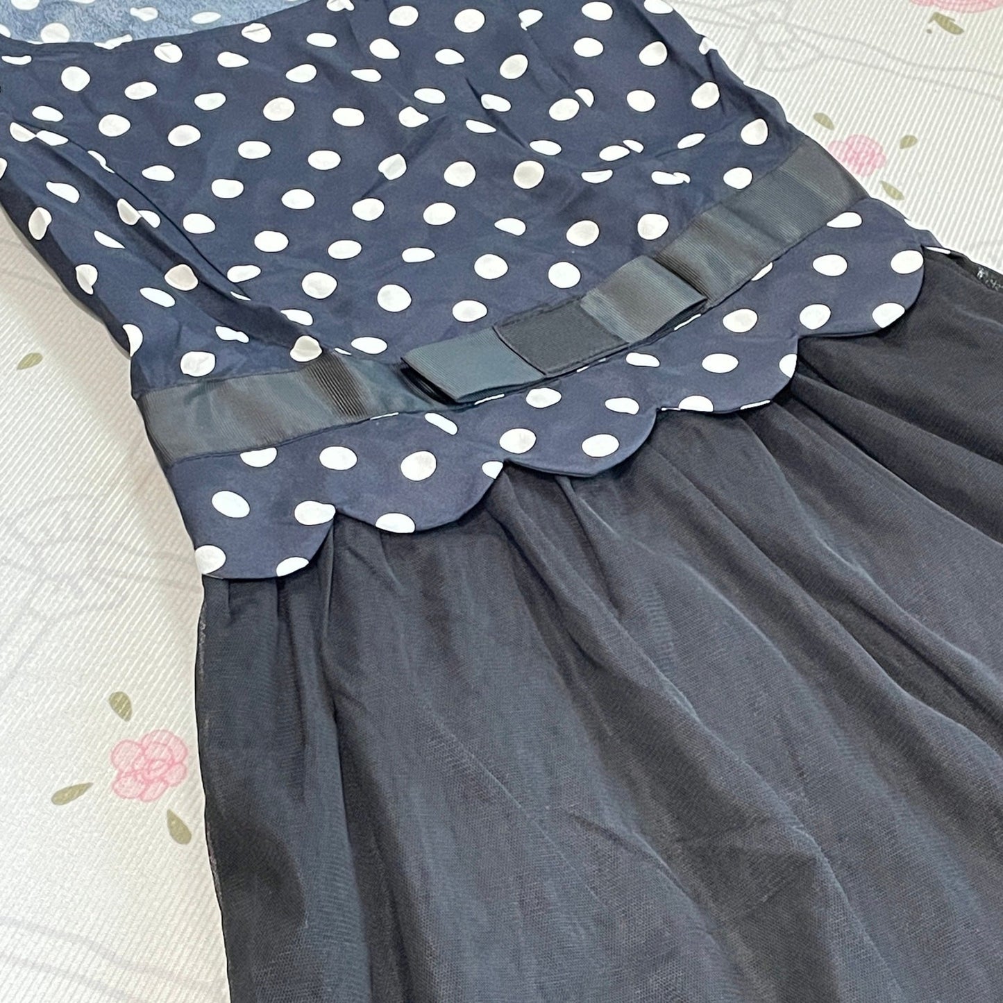 Snidel Navy Polka Dot Black Tulle Midi Dress J-Fashion Sweet Elegant2