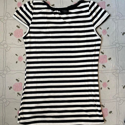 Black and white striped top with black bow and ruffled neckline 3