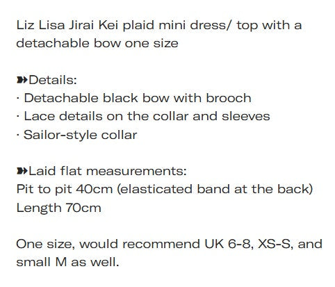 Liz Lisa Jirai Kei plaid mini dress/ top with a detachable bow one size8