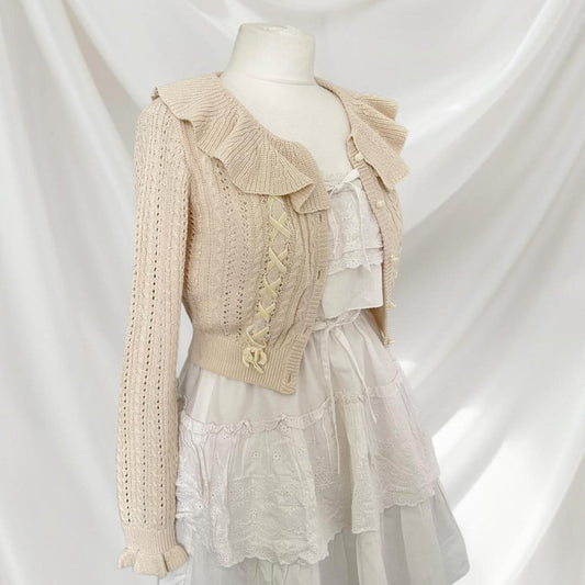 Liz Lisa ruffled collar knit cardigan with lace-up ribbon details0