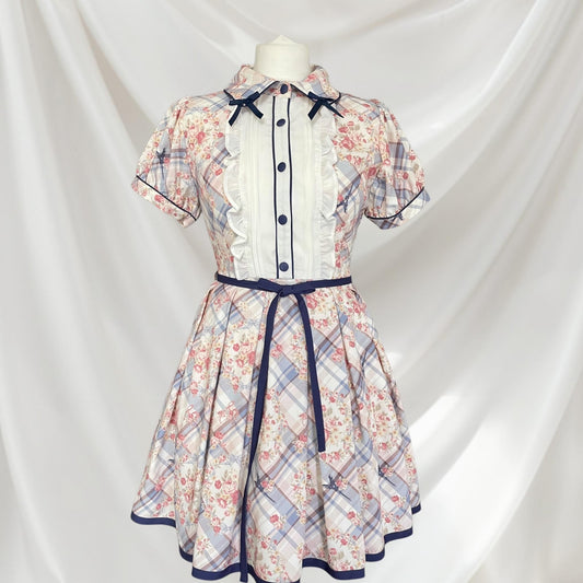Liz Lisa romantic floral plaid short-sleeve dress - vintage Lolita cottage-core 0