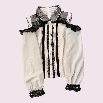 Liz Lisa cold-shoulder pearl lace blouse with heart buttons0