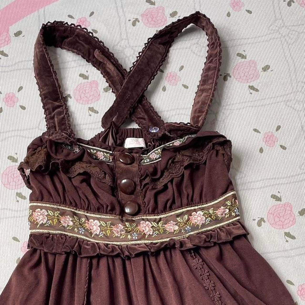 Liz Lisa brown dress with floral embroidery and ruffled straps and hem2