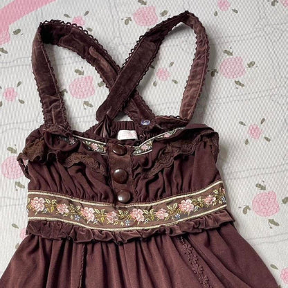 Liz Lisa brown dress with floral embroidery and ruffled straps and hem2