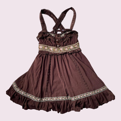 Liz Lisa brown dress with floral embroidery and ruffled straps and hem1
