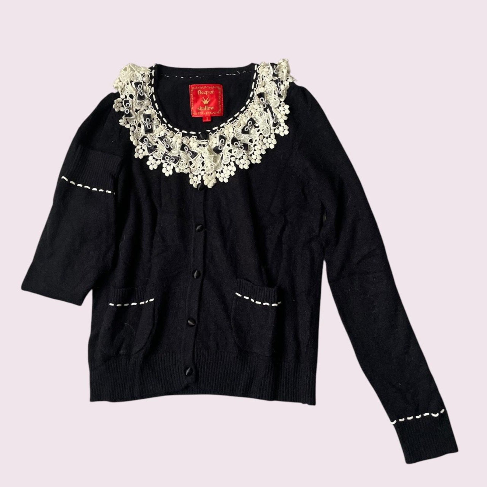 Vintage Japanese knit cardigan with lace and pearl details0