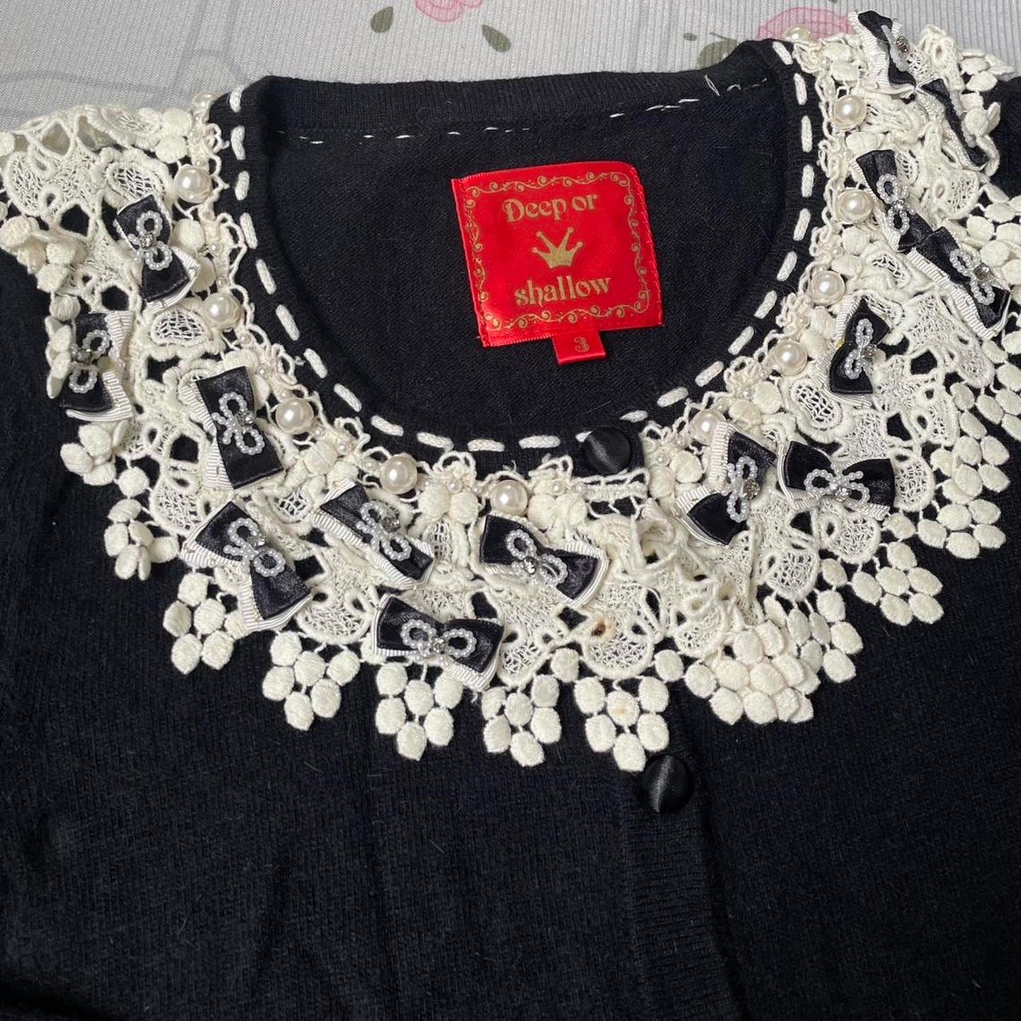 Vintage Japanese knit cardigan with lace and pearl details4