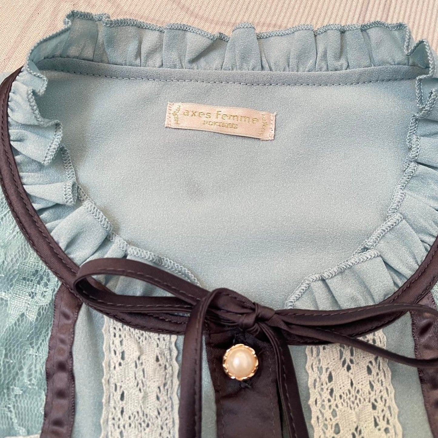Axes Femmelace-panel blouse in dusty blue with pearl buttons2