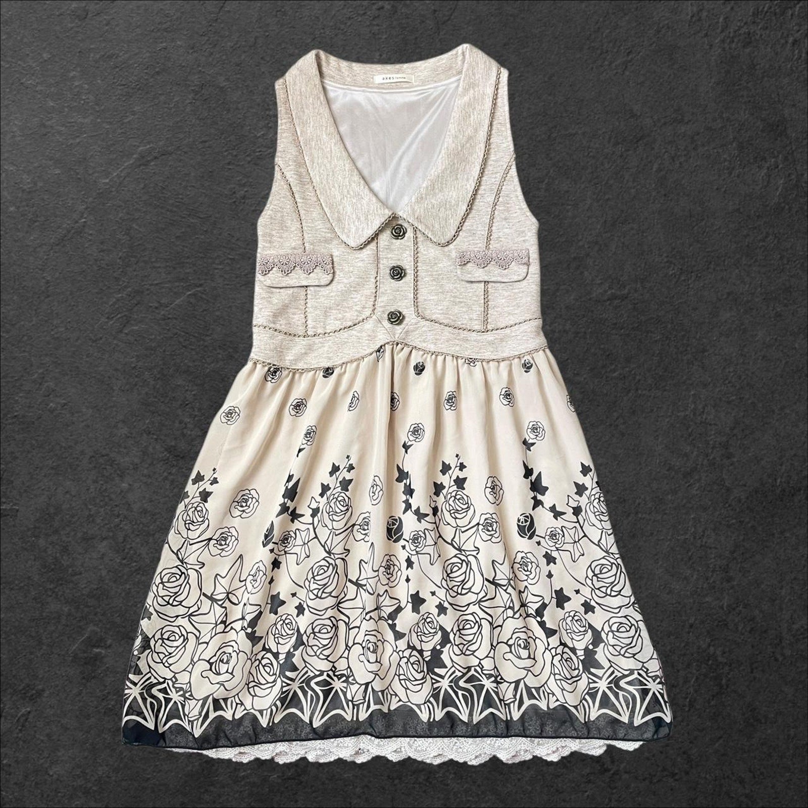 Japanese brand Axes Femme lace-trimmed rose border print dress0