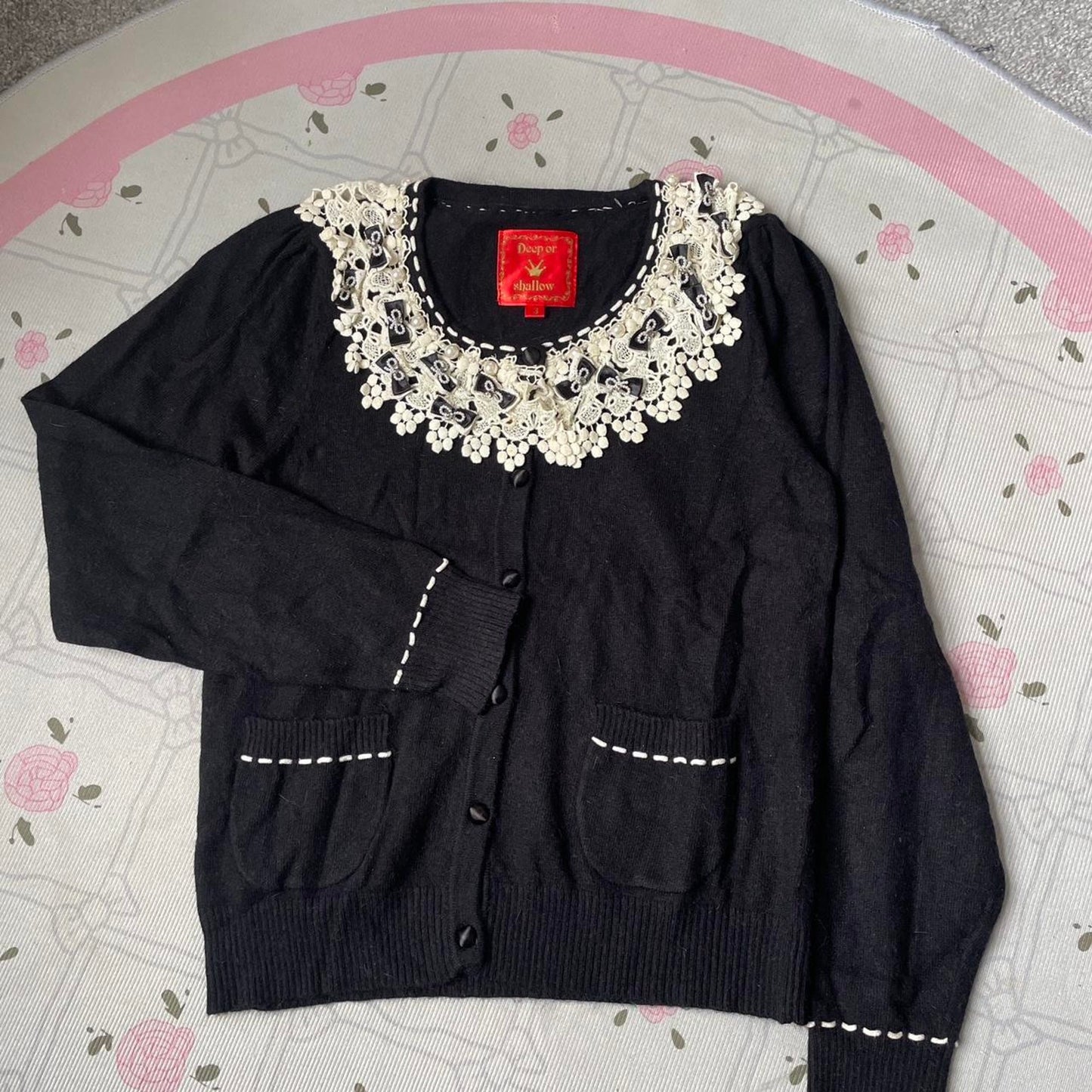 Vintage Japanese knit cardigan with lace and pearl details3