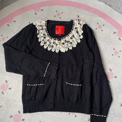 Vintage Japanese knit cardigan with lace and pearl details3