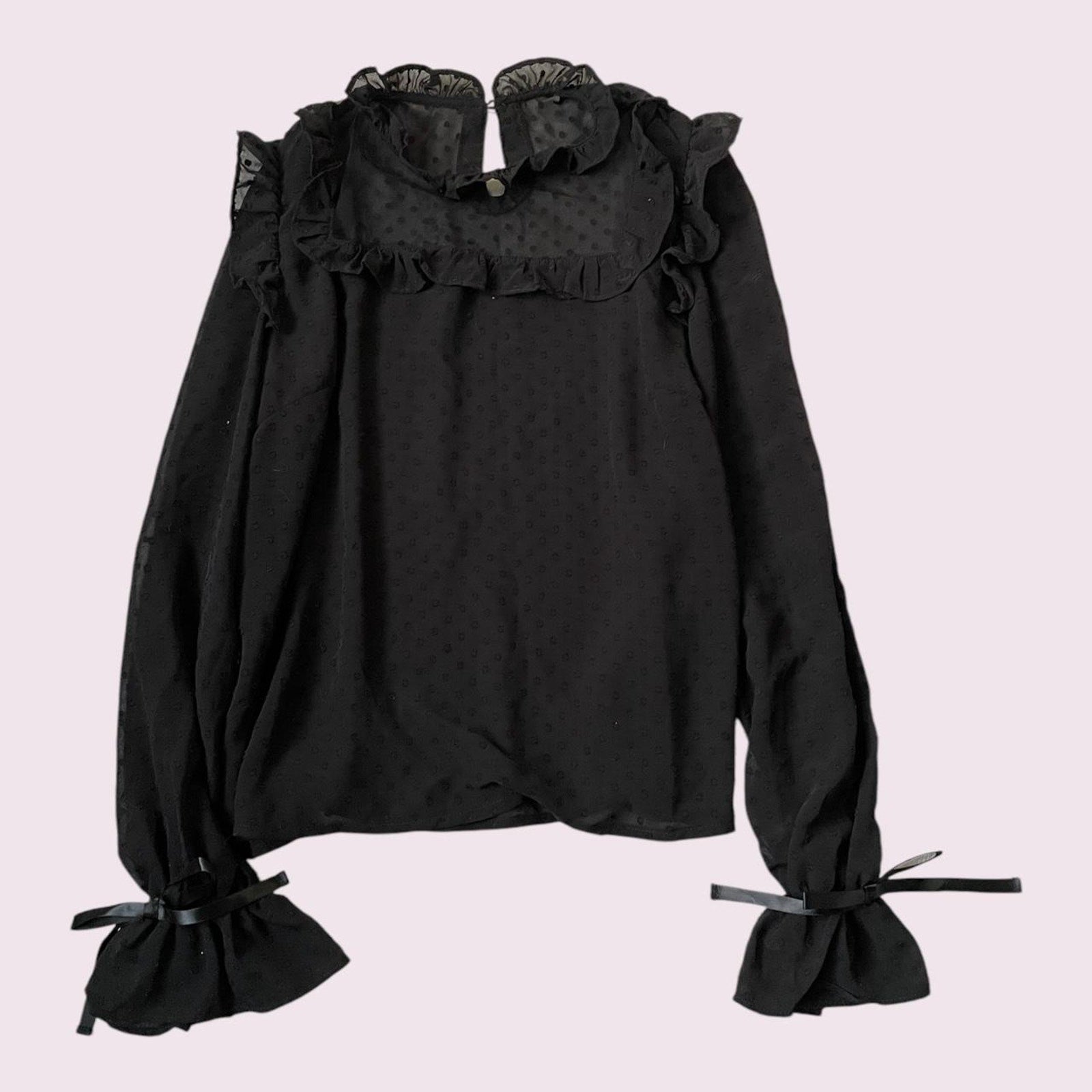 Ank Rouge black sheer blouse with ribbon and ruffle details0