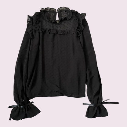 Ank Rouge black sheer blouse with ribbon and ruffle details0