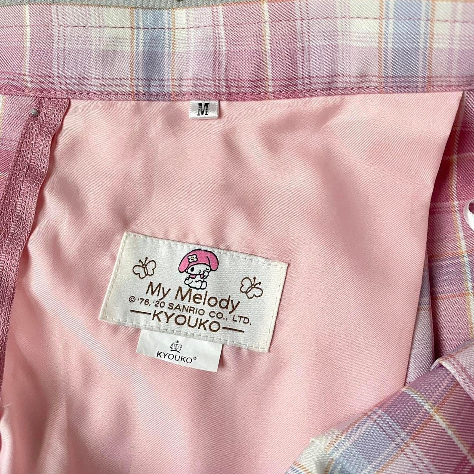 My Melody pastel pink and blue plaid pleated skirt 26”-27''3