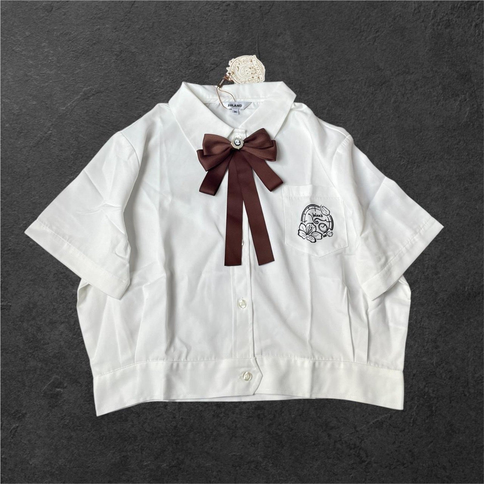 White and brown bow blouse with cute details 4