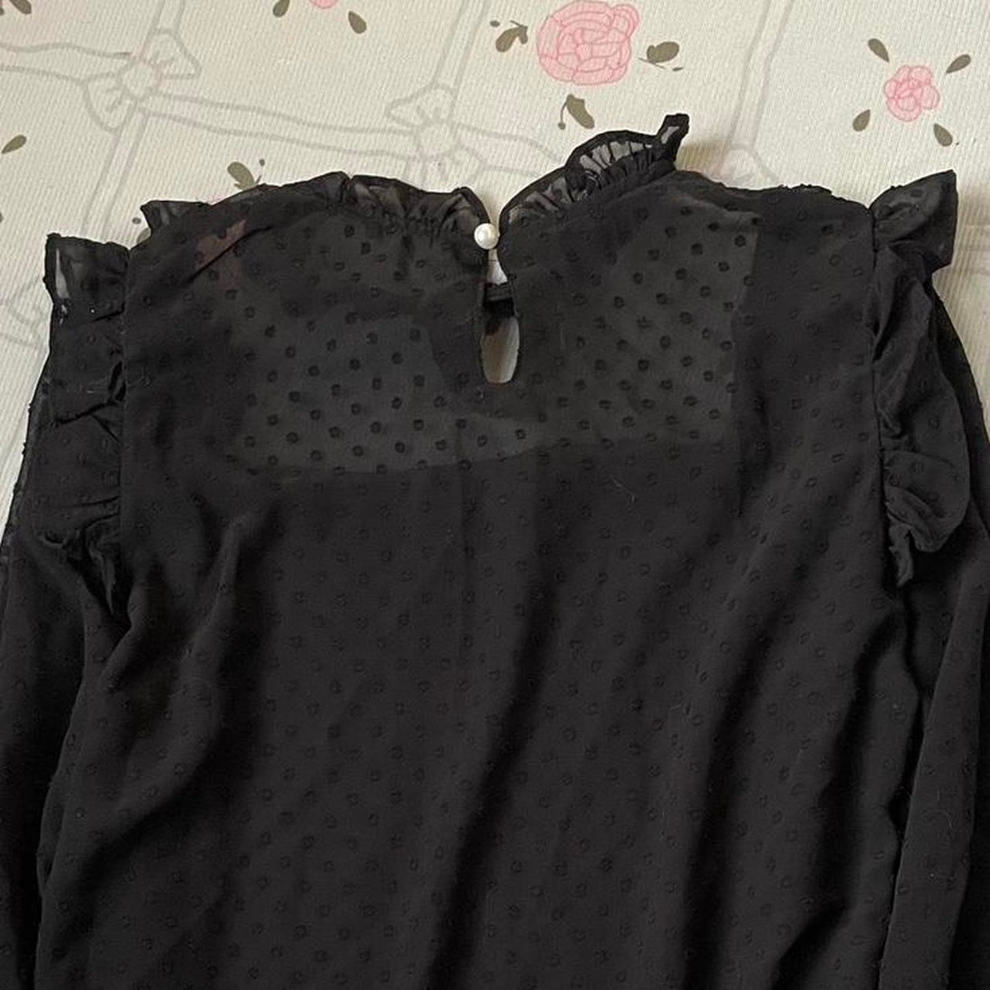 Ank Rouge black sheer blouse with ribbon and ruffle details1