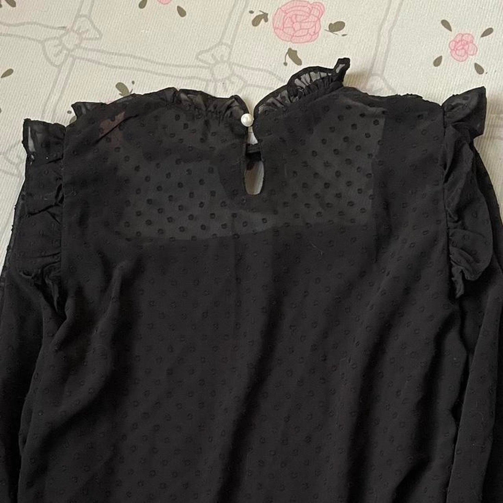 Ank Rouge black sheer blouse with ribbon and ruffle details1