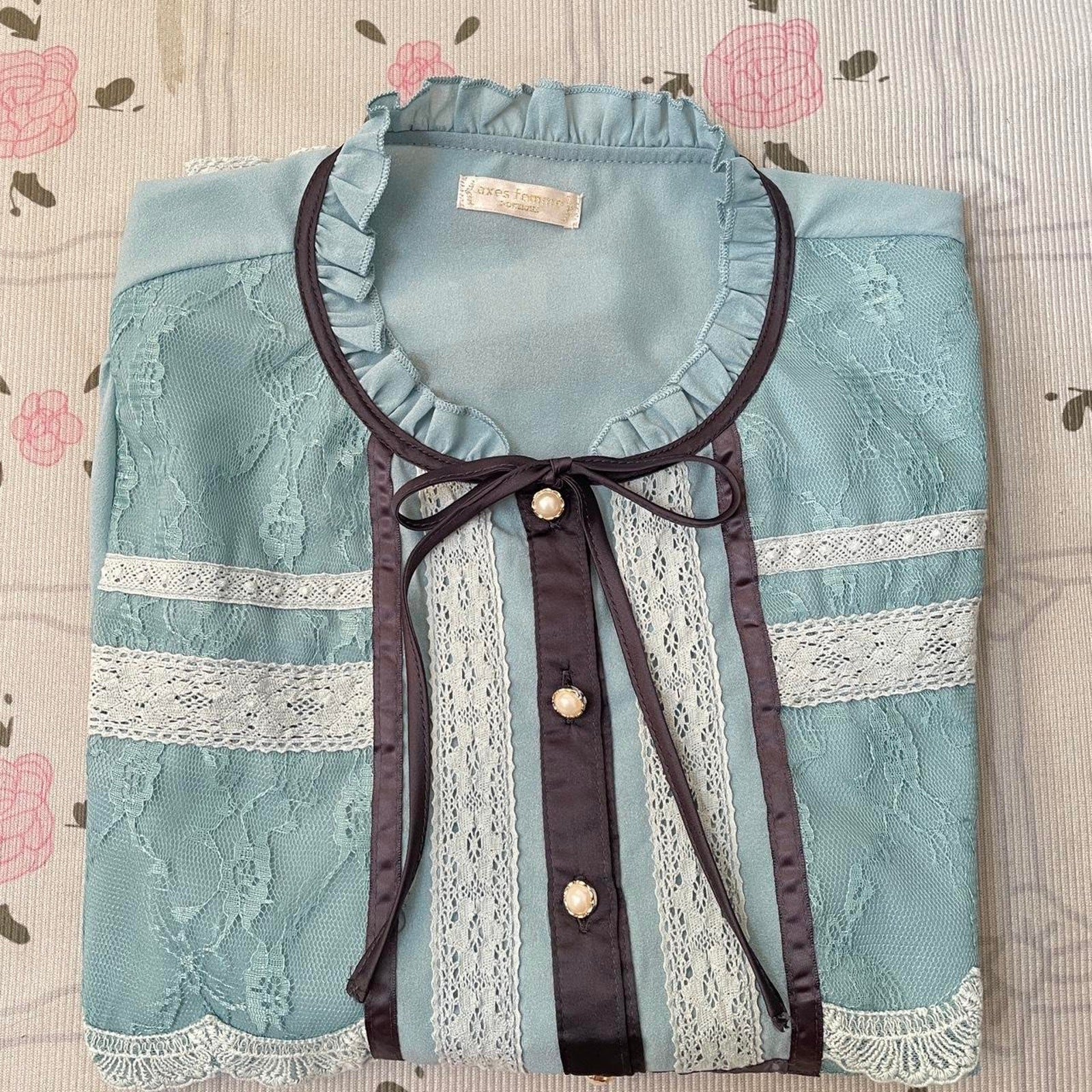 Axes Femmelace-panel blouse in dusty blue with pearl buttons6