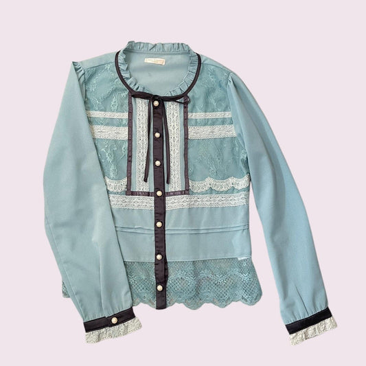 Axes Femmelace-panel blouse in dusty blue with pearl buttons0