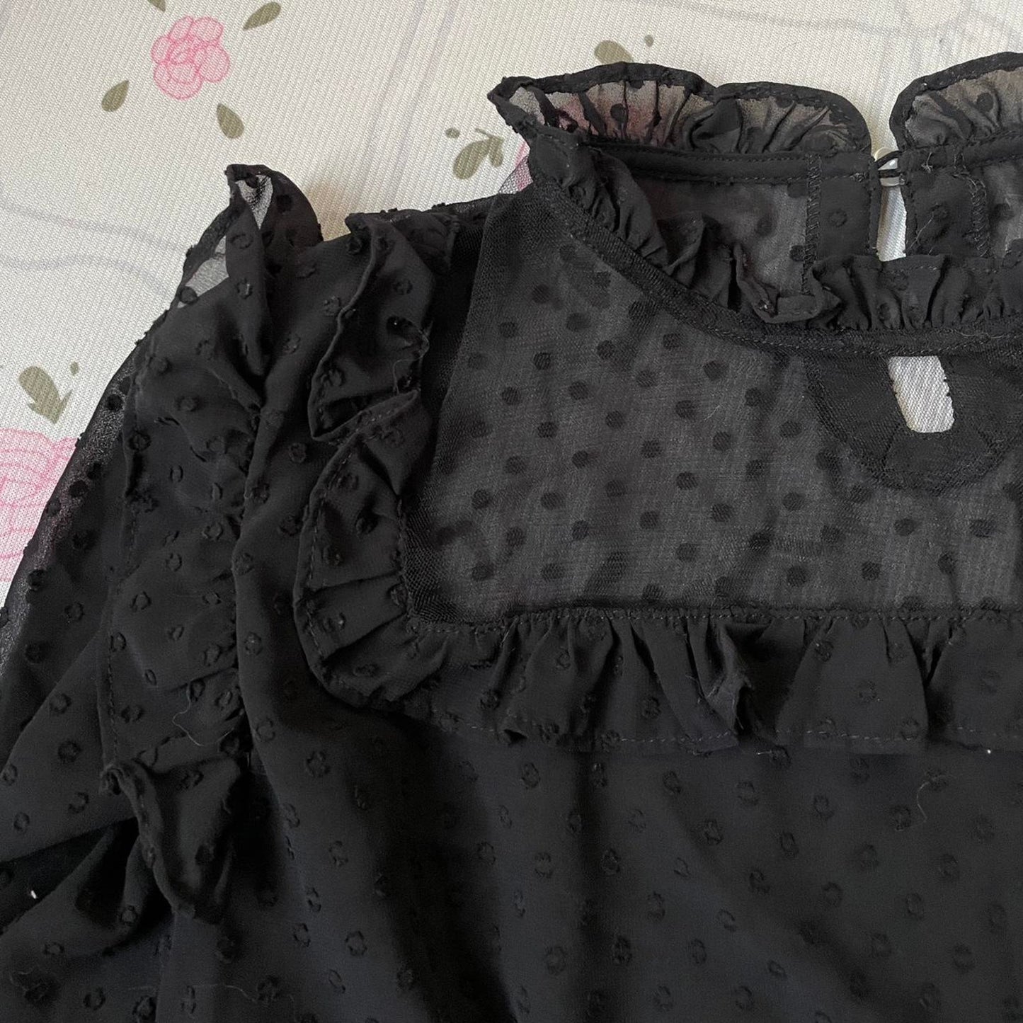 Ank Rouge black sheer blouse with ribbon and ruffle details5