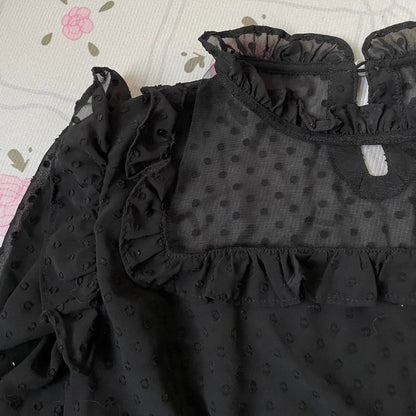 Ank Rouge black sheer blouse with ribbon and ruffle details5