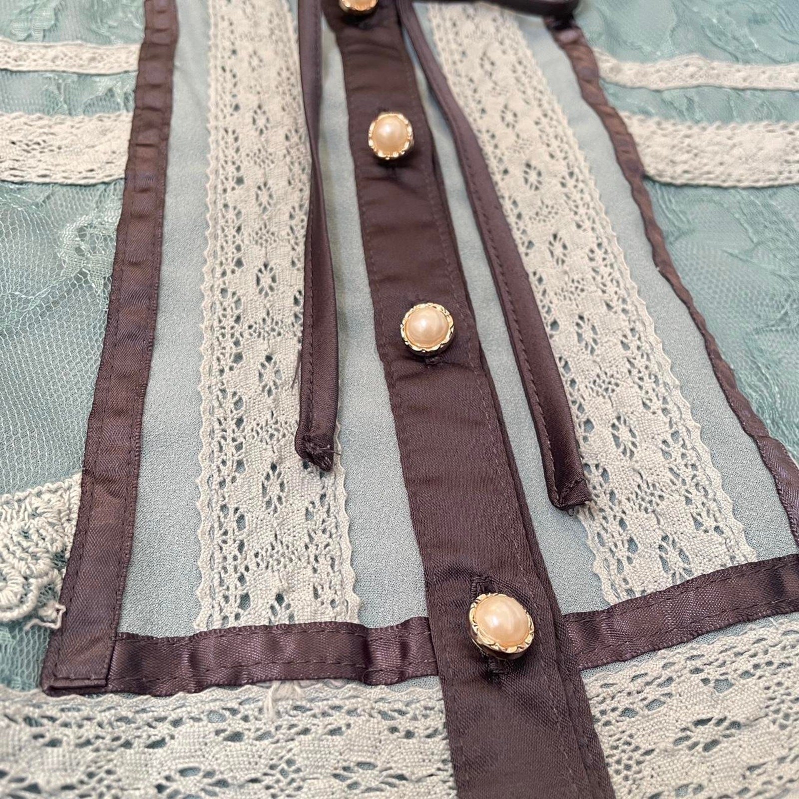 Axes Femmelace-panel blouse in dusty blue with pearl buttons3