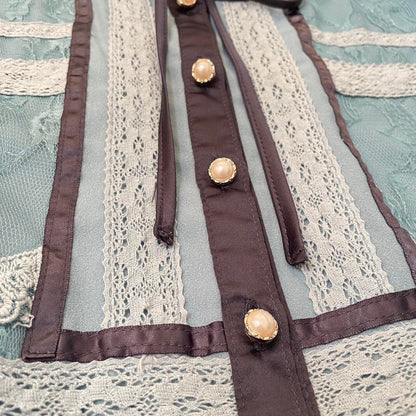 Axes Femmelace-panel blouse in dusty blue with pearl buttons3